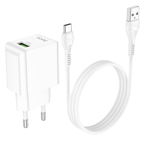 Сетевое зарядное устройство Hoco C98A, 18 Вт, Quick Charge, белый, с USB кабелем тип-C, 1 порт, #6931474766878 Превью 1