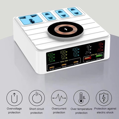 Mains Charger Kingmax WLX-H13, (140 W, Wireless Charge, Quick Charge, Power Delivery (PD), with socket, 5 outputs, 10 in 1) Preview 2