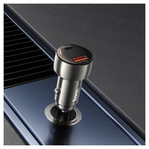 Автомобильное зарядное устройство Hoco Z50, серое, Power Delivery (PD), с дисплеем, 48 Вт, 2 порта, 12-24 B, #6931474798756 Превью 1