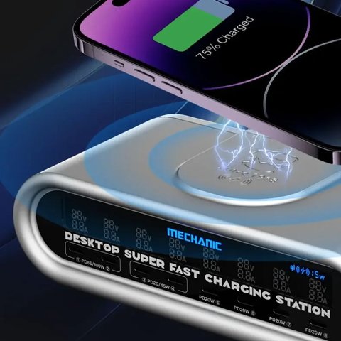 Adaptador de red Mechanic E-Power Max, 240 W, Power Delivery (PD), con cargador inalámbrico, 8 puertos Vista previa  2