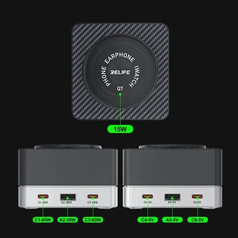 Мережевий зарядний пристрій RELIFE Q7, 80 Вт, Wireless Charge, Quick Charge, 6 портів Прев'ю 6